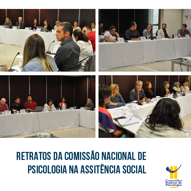 Quatro fotos da reunião entre integrantes da Conpas e de 20 Conselhos Regionais de Psicologia ilustram a imagem. Abaixo, estão localizados o título da matéria - "Retrato da Conpas" - e o logo do Conselho Federal de Psicologia
